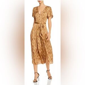 PAIGE Alayna Snakeskin Print Belted Midi Dress Bronze Size L Button Front EUC